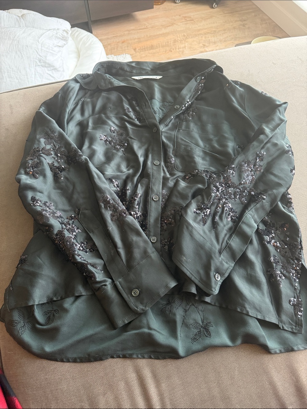 Zara dark green embellished button-up blouse